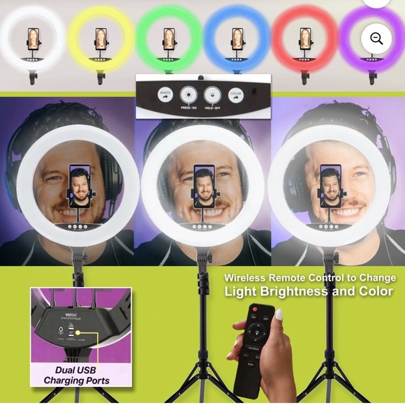 Vivitar 18" LED RGB Ring Light Tripod Holder USB Charging Ports Wireless… - Picture 2 of 6